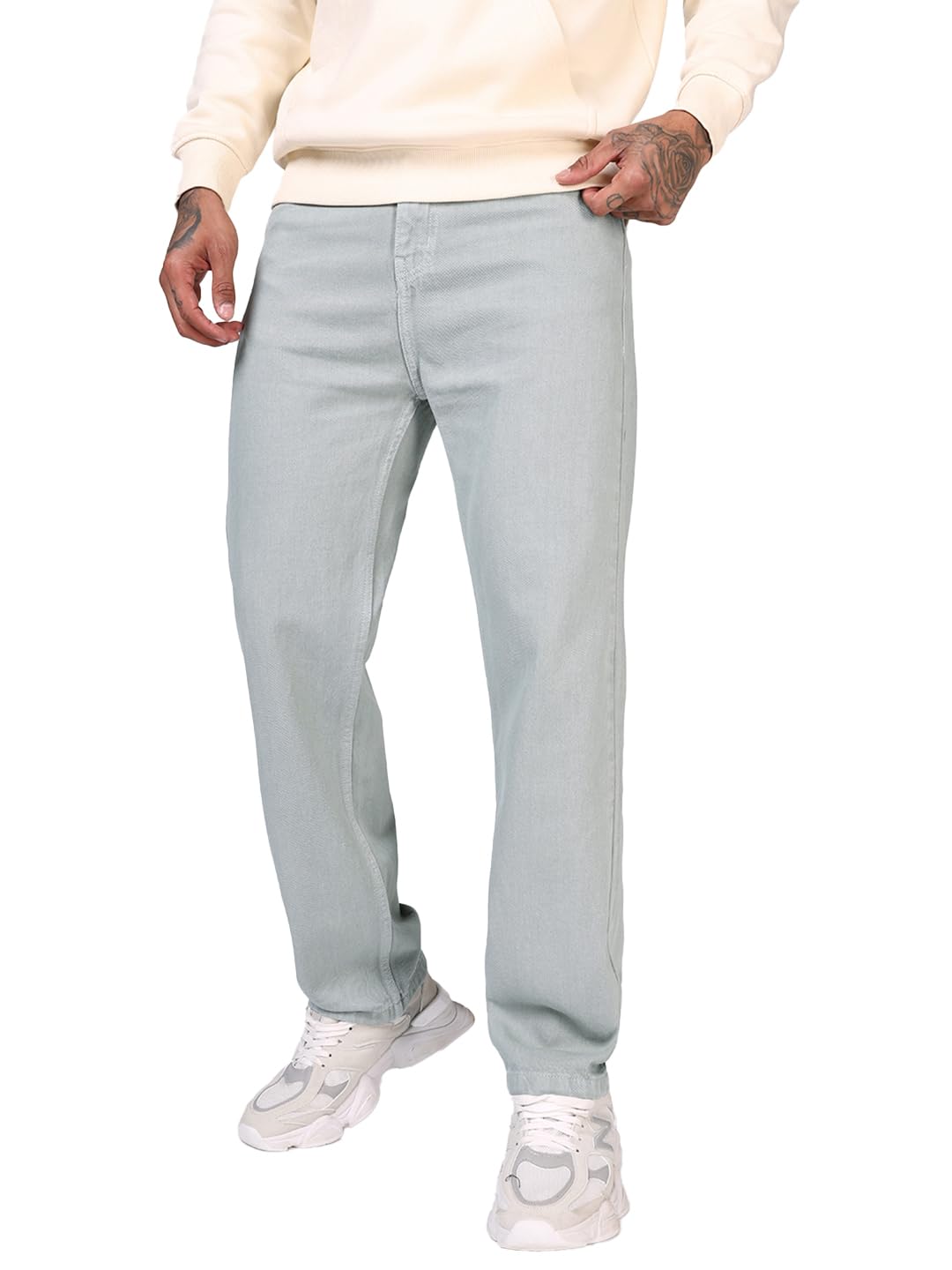 Bewakoof Mens Solid Straight Fit Pure Cotton Jeans_684672_Grey_30
