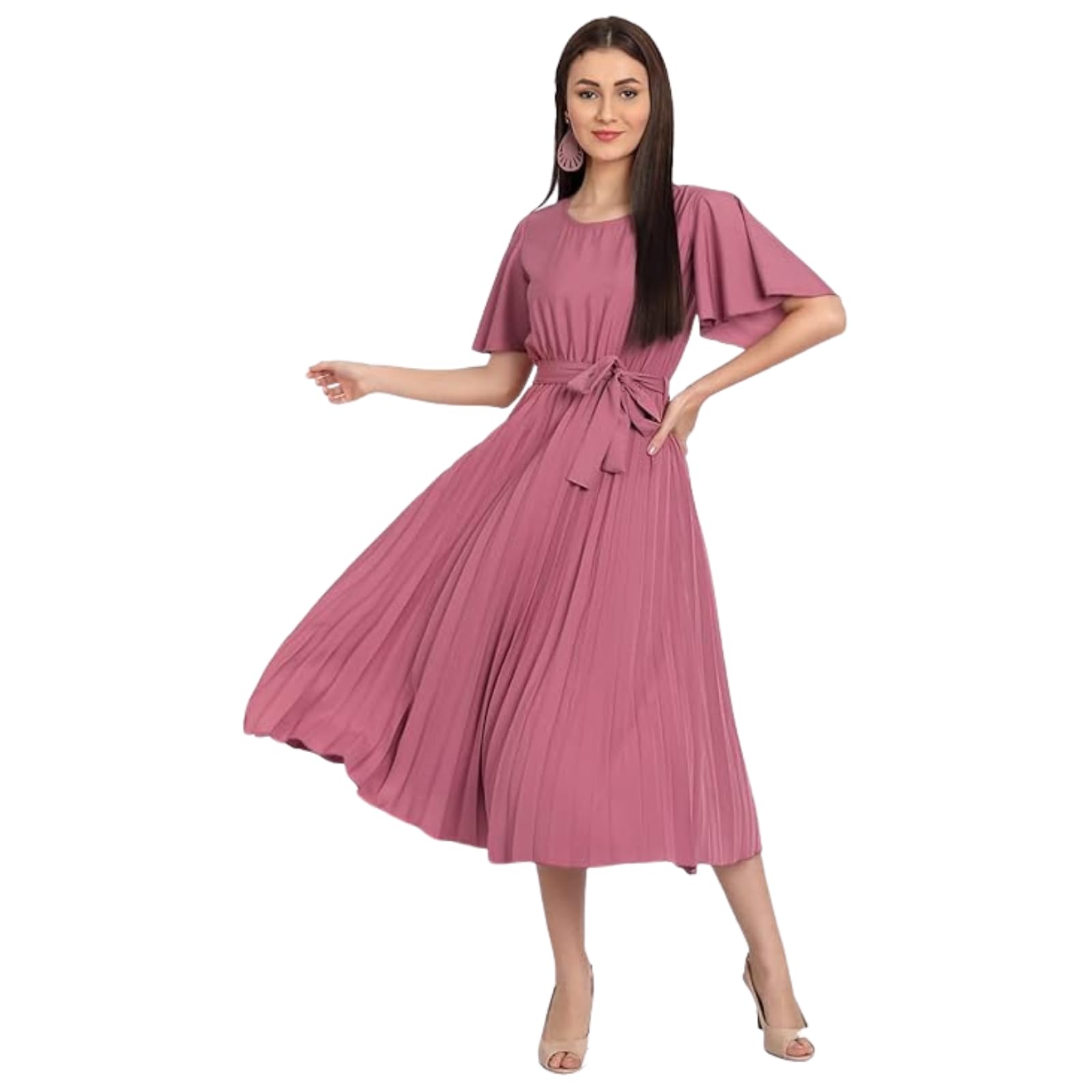 Kuduzo WomenS Crepe Midi Dress With Plated Style Round Neck Half Ruffle Sleeves Below Knee Length Solid Pattern And Regular Fit