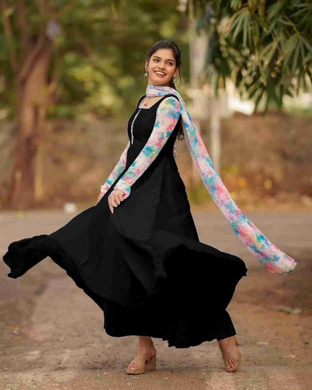 Anveri Textiles WomenS Georgette Gown Dress With Full Sleeve Round Neck Knee Length Solid Pattern And Dupatta | Eyhnic Long Len