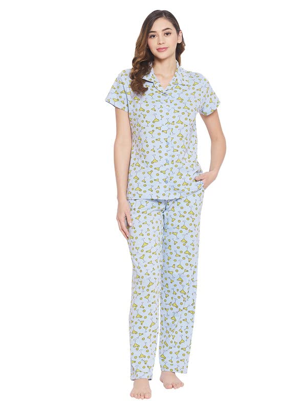 Clovia Womens Cotton Margarita Glass Print Button Down Shirt & Pyjamas Set (Ls0025R03_Blue_XXL)