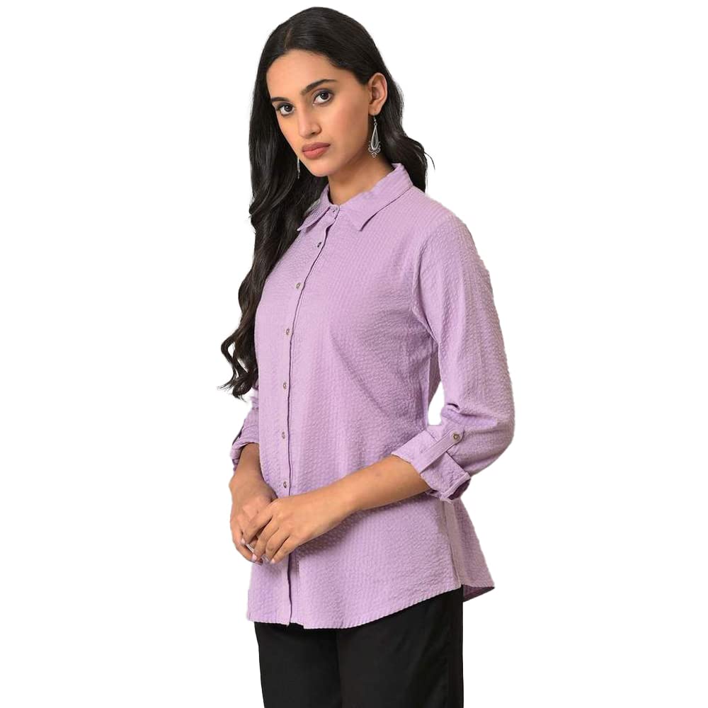 W Light Purple Textured Cotton Shirt-Style Top for Women