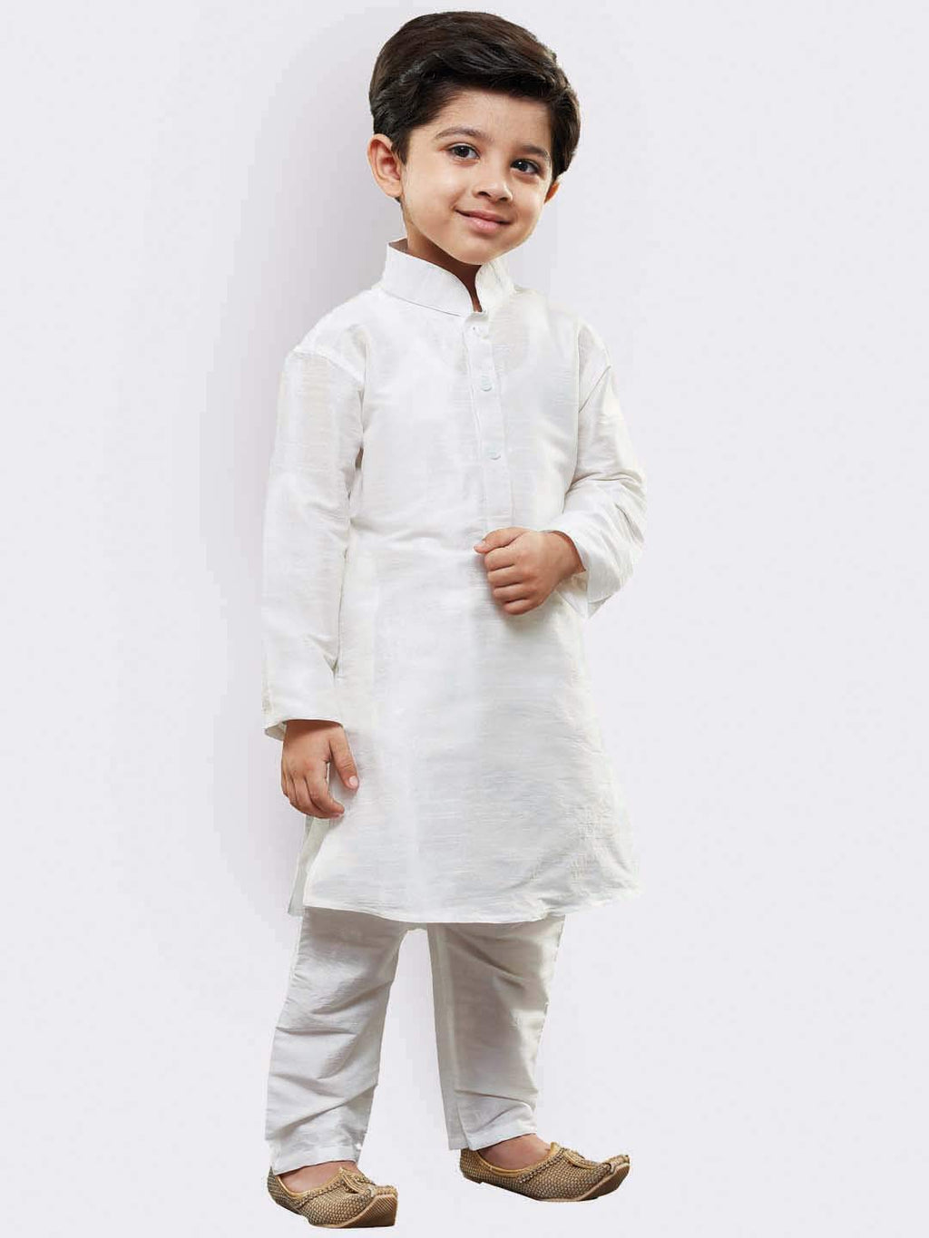 Jbn Creation Boys White Silk Blend Kurta Pyjama And Cap Set