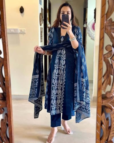 ANNI DESIGNER Womens Rayon Viscose Printed Anarkali Kurta with Pant & Dupatta (JARRY Blue_S_Blue_Small)