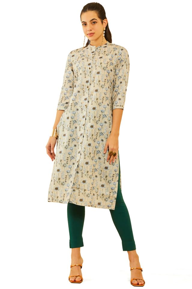 Soch Womens Beige Rayon Floral Printed Straight Kurta