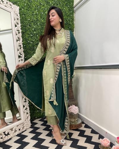 ANNI DESIGNER Womens Rayon Viscose Printed Straight Kurta with Pant & Dupatta (UDH PISTA-VKS01_XL_Pista_X-Large)