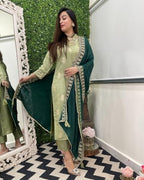 ANNI DESIGNER Womens Rayon Viscose Printed Straight Kurta with Pant & Dupatta (UDH PISTA-VKS01_XL_Pista_X-Large)