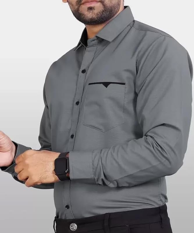 Tee Projekt Mens Regular Fit Solid Soft Touch Cotton Casual Shirt with Pocket Design with Spread Collar & Full Sleeves. Grey