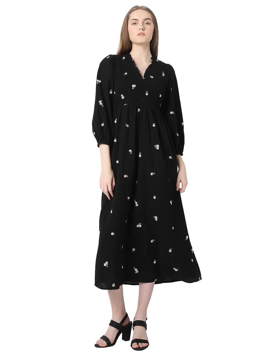 Vero Moda Women Embroidered Black Cotton Midi Length Fit And Flare Dress
