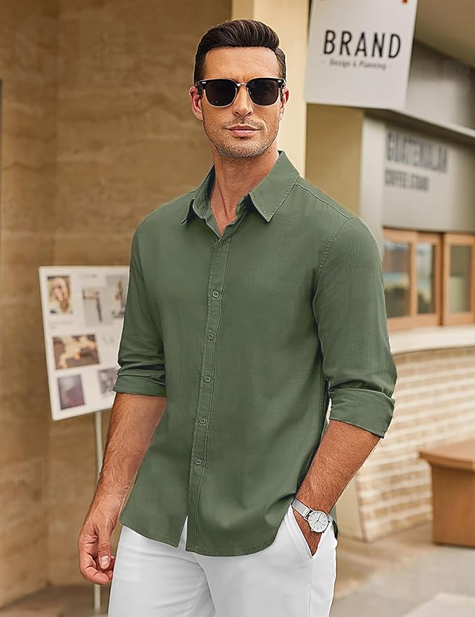 CB-COLEBROOK Mens Long Sleeve Button Down Shirts Casual Cotton Linen Shirts Summer Beach Shirt for Mens Top (in, Alpha, L, Regu