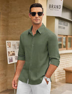CB-COLEBROOK Mens Long Sleeve Button Down Shirts Casual Cotton Linen Shirts Summer Beach Shirt for Mens Top (in, Alpha, L, Regu