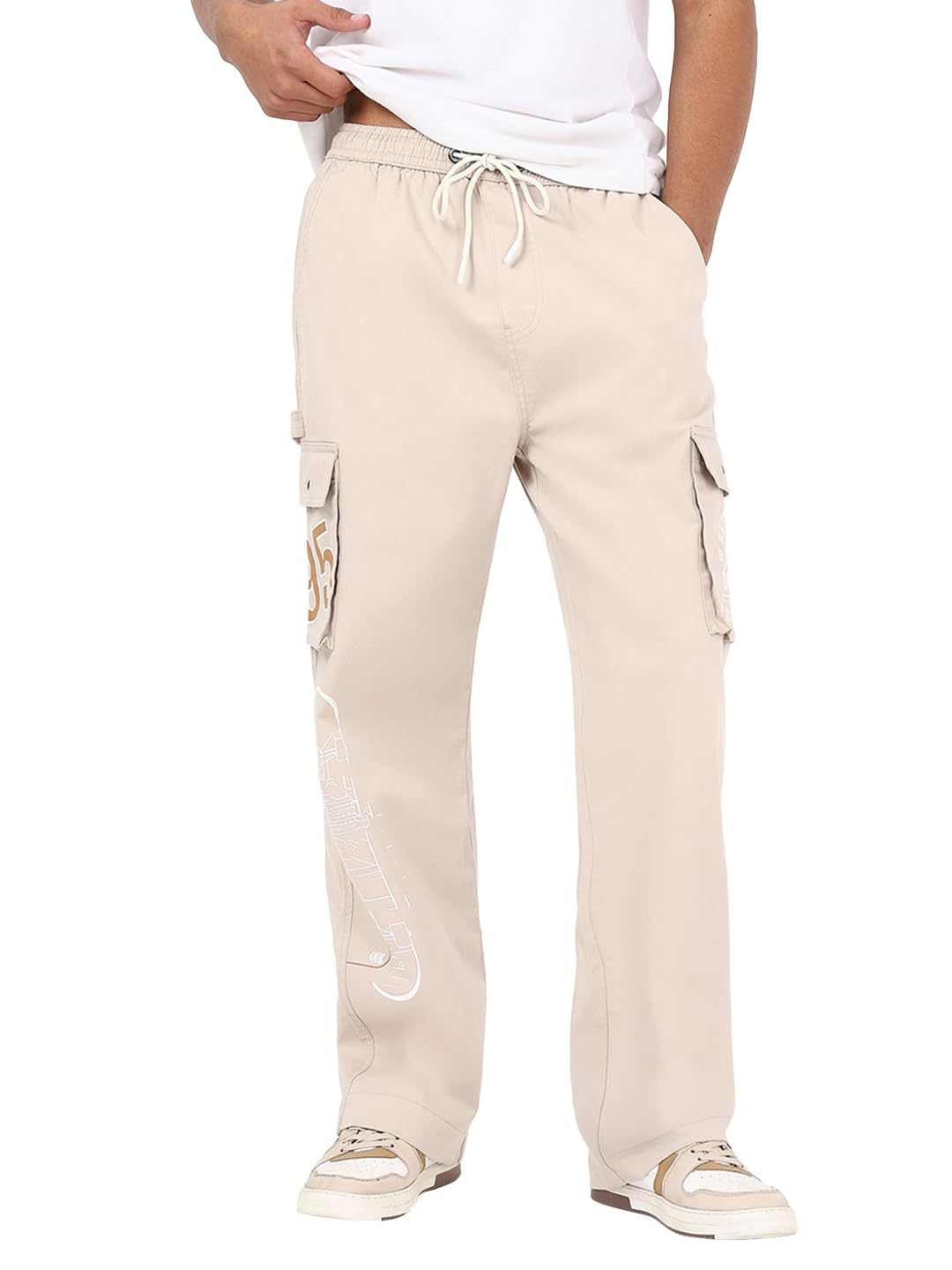 Bewakoof Mens Printed Straight Fit Cotton Lycra Blend Pant_664138_Beige_32