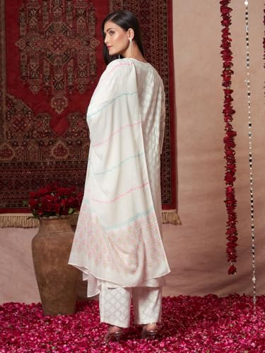 ANNI DESIGNER Womens Rayon Viscose Printed Straight Kurta with Pant & Dupatta (Mirai WHITE-VKS03_M_White_Medium)