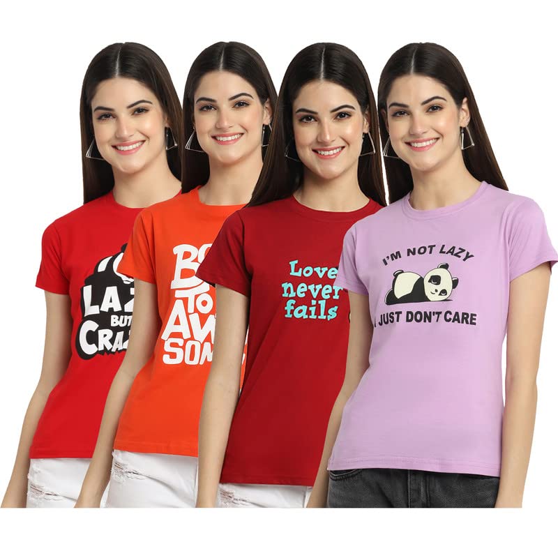 Preneum Womens Cotton Regular Fit Latest Graphic Stylish Printed Short Sleeves Casual T-Shirt (Pack 4), Red & Orange & Red & Pu