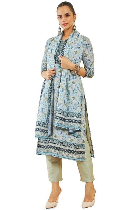 Soch Women Muslin Suit Set with Printed Designs and Hand Embroidery