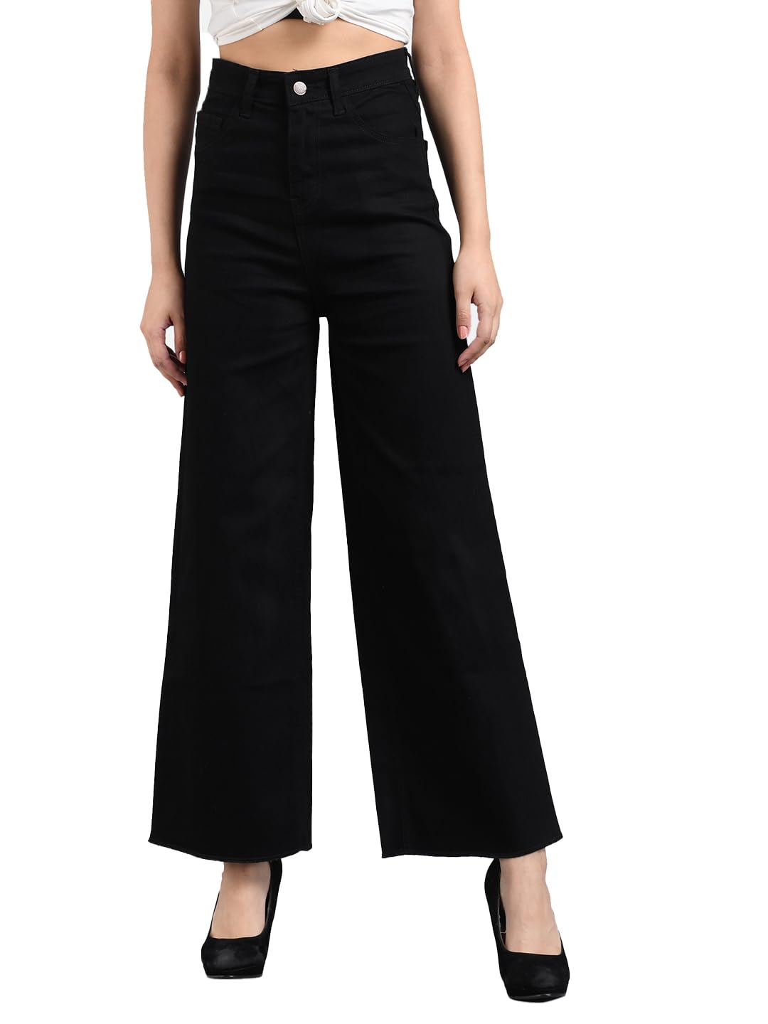 KOTTY Womens High Rise Cotton Lycra Clean Look Regular Length Flared Denim Jeans Black (Black,XXL)_KTTLADIESJEANS670XXL