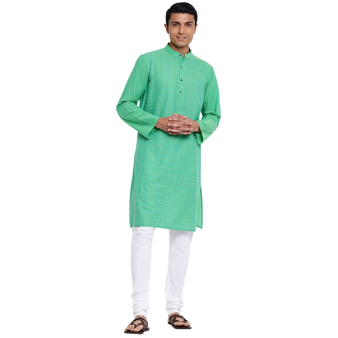Fabindia Men Cotton Long Kurta Comfort Fit Green_M