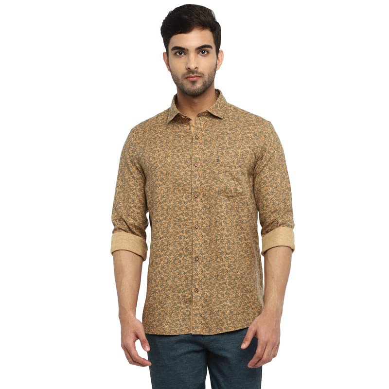 Turtle Men Cotton Blend Khaki Slim Fit Printed Shirts