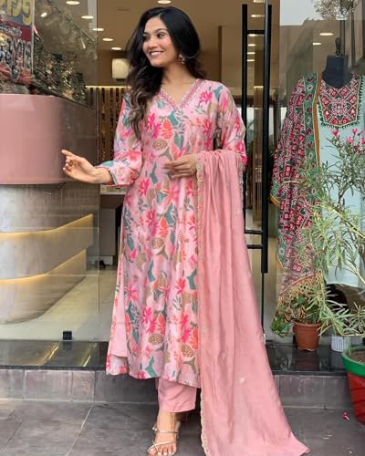 ANNI DESIGNER Womens Rayon Blend Printed Straight Kurta with Pant & Dupatta (Maslin-Multi_S_Peach_Small)