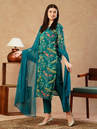 ANNI DESIGNER Womens Cotton Blend Straight Printed Kurta with Pant & Dupatta (GETO RAMA-NFB_M_Green_Medium)