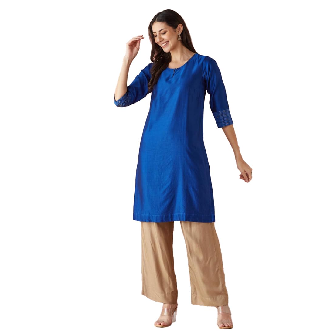 Fabindia Blue Cotton Silk Embroidered Knee Length Kurta
