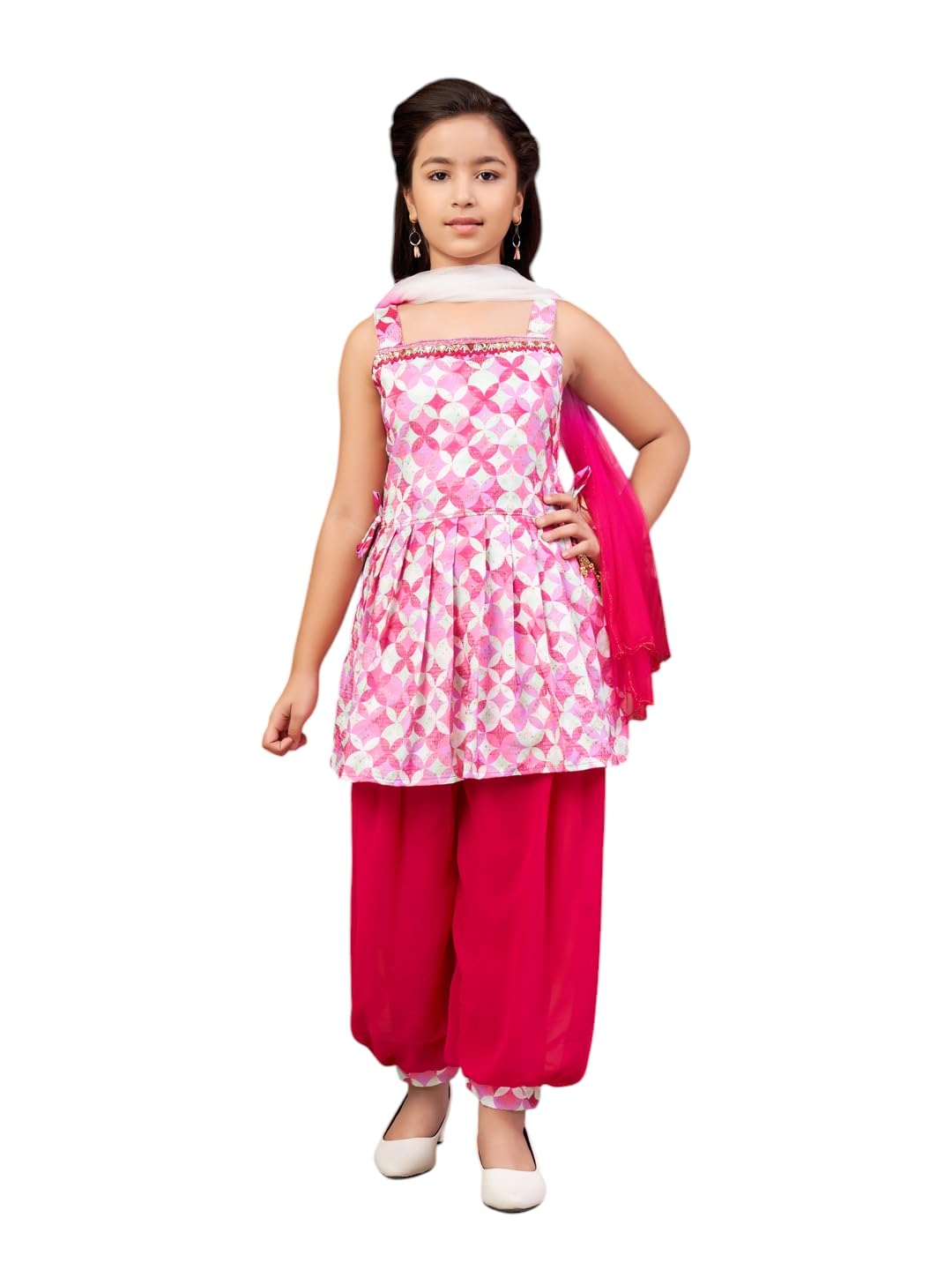Aarika Girls Ethnic Wear Rani Colour Beads Embroidery Cotton Blend Kurti Patiala Set With Dupatta-4-9 Years (PT-SHM-5016)