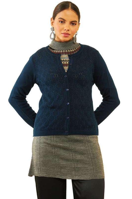 Soch Women Acrylic Patterned Knit Round-Neck Cardigan with Ribbed Hems