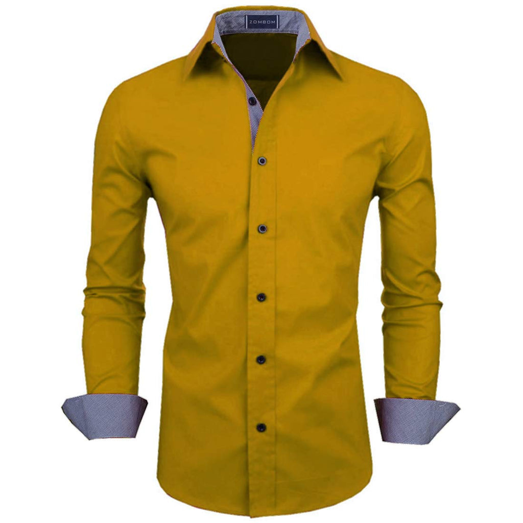 Zombom MenS Solid Cotton Blend Regular Fit Full Sleeve Collared Neck Casual Shirt For Men Gold
