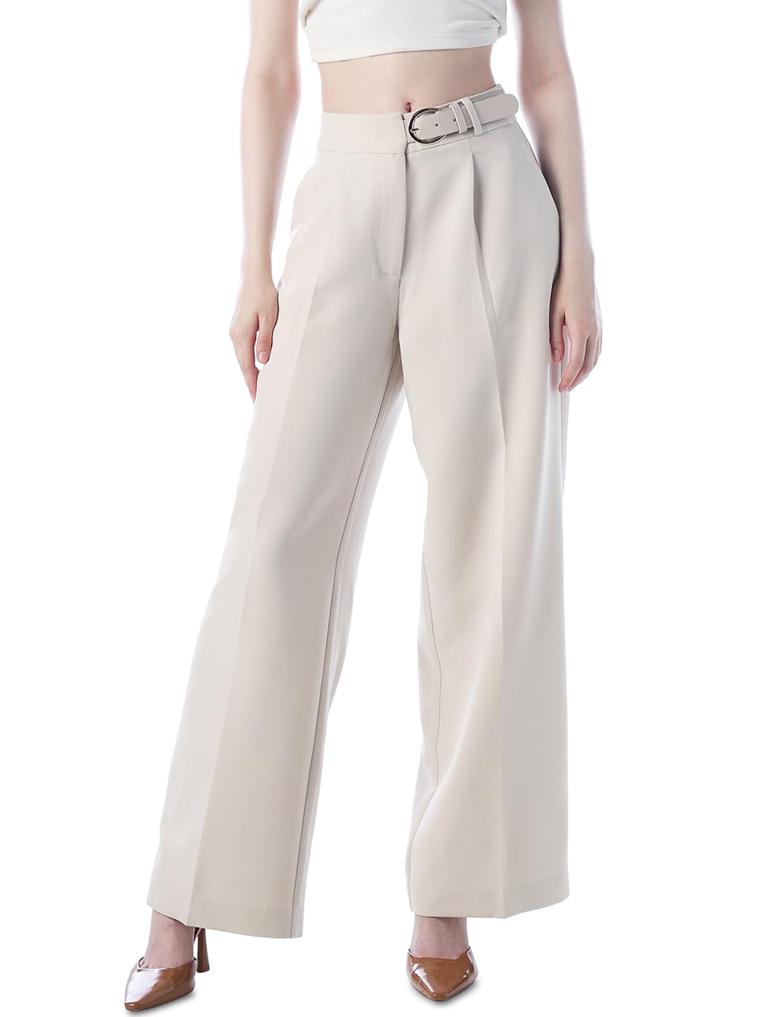 Only WomenS Solid Flared Beige Pants With Belt 26