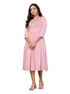 Rangita Women Pink Cotton Embroidered Flared Calf Length Dress_L