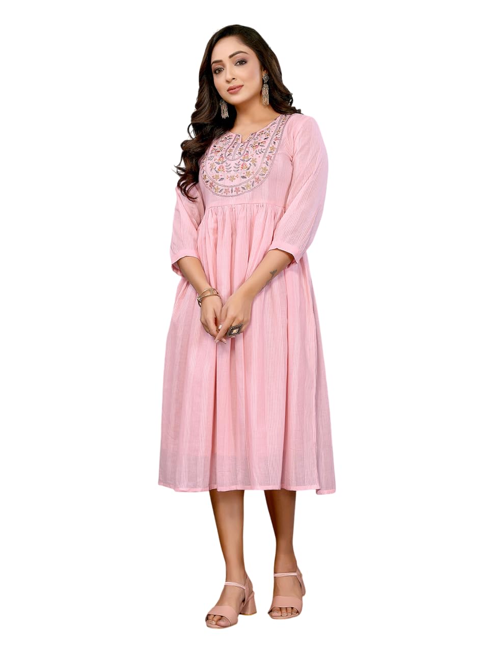 Rangita Women Pink Cotton Embroidered Flared Calf Length Dress_M