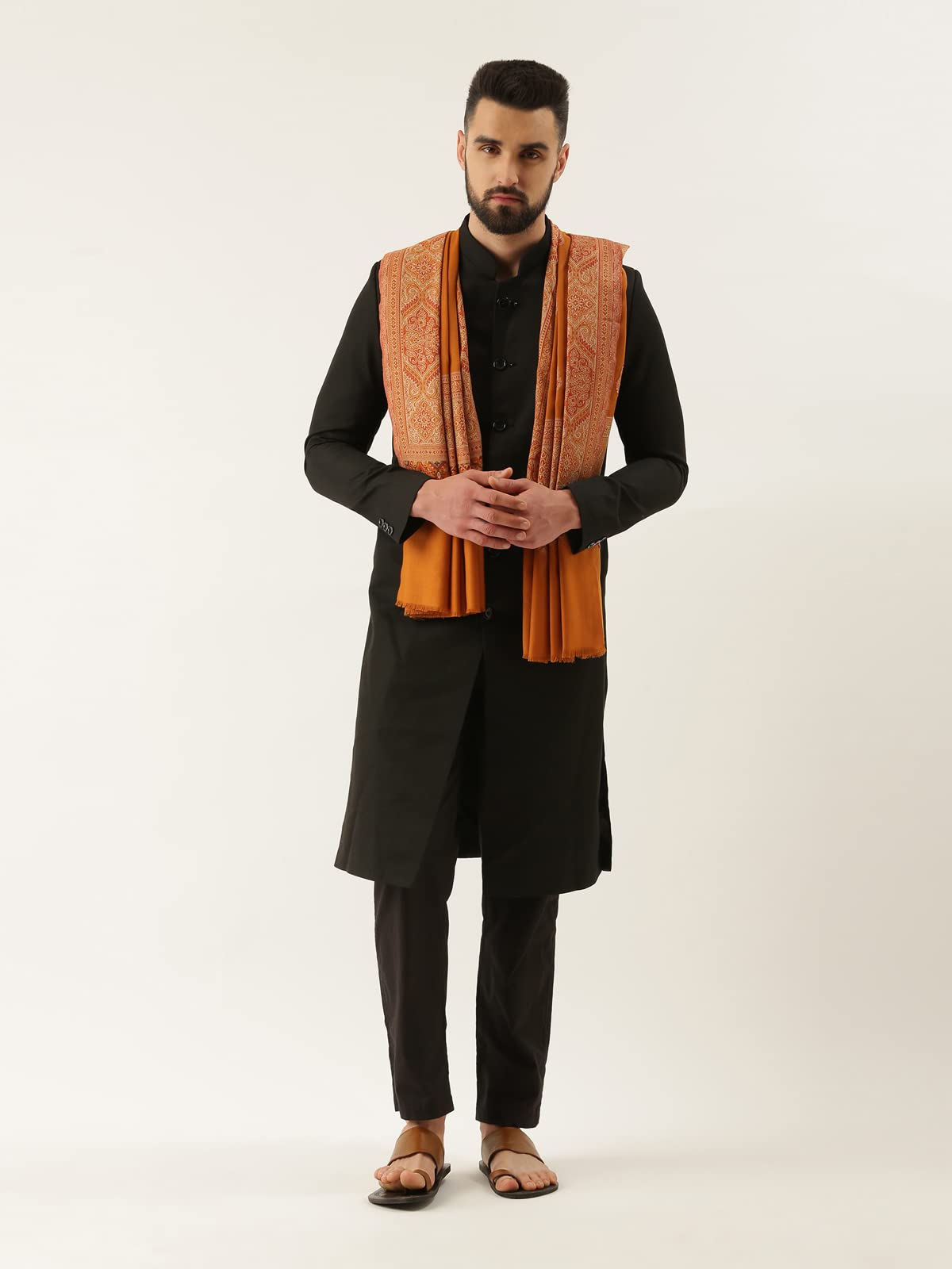 Pashmoda Men Jamawar Kashmiri Luxury Shawl, Size: 101X203 Cm, Mustard Color