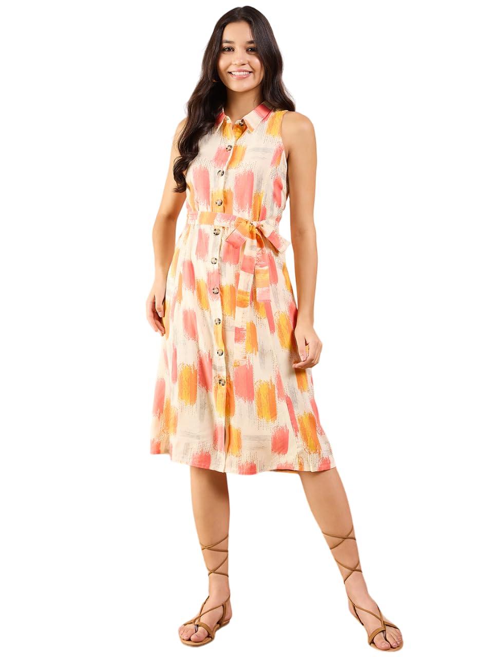 Modeve Women Multicolor A-Line Sleeveless Button Closure Dress_Large