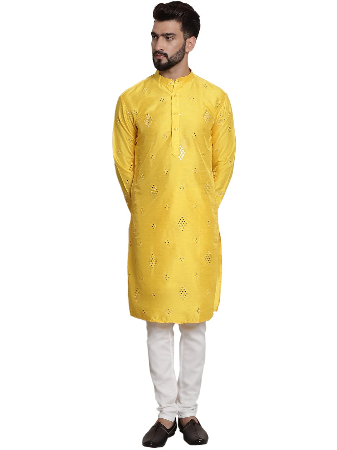 SOJANYA (Since 1958 Mens Silk Blend Mirror Work Mango Yellow Long Kurta & White Solid Pyjama Set