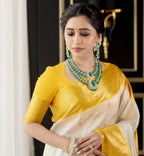 Flosive Womens Sun Yellow&White Golden Zari Shine Soft Kanjivaram Silk Wedding Saree
