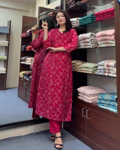 ANNI DESIGNER Womens Cotton Blend Straight Printed Kurta with Pant (Siwan Pink_M_Pink_Medium)