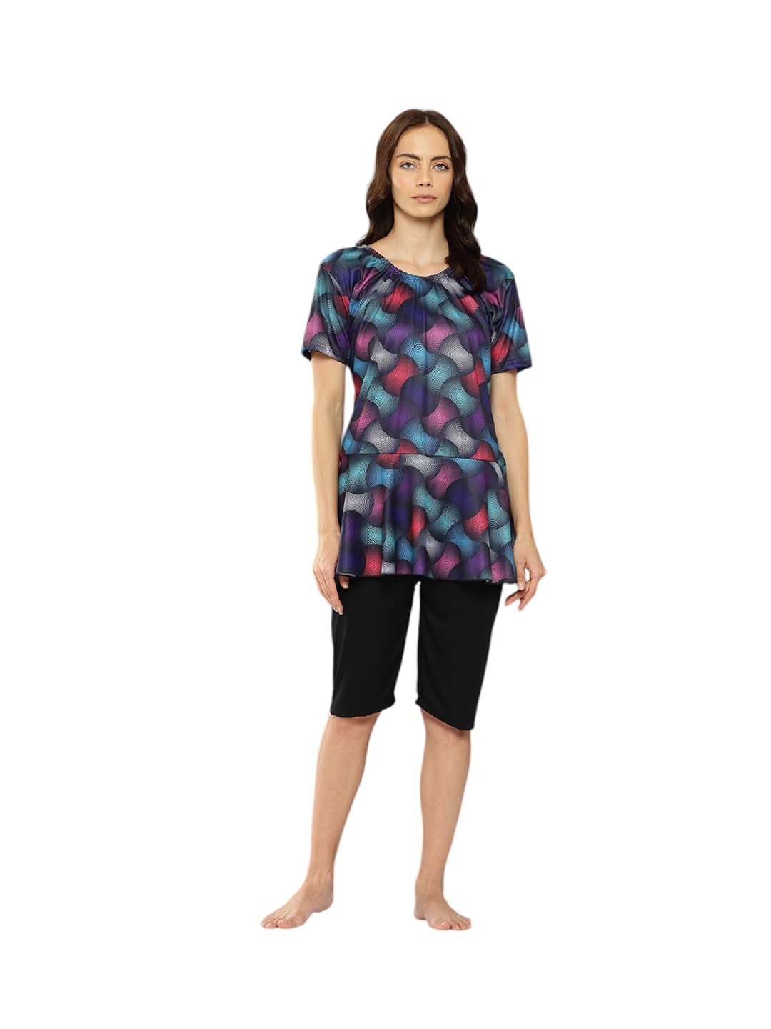 Aarika Womens Sports Wear Black Colour Abstract Print Nylon Plus Size Swim Suit with Cap-(XS-4XL)-(SW-CP-W-P-SHM-CA-1120-BLACK-S