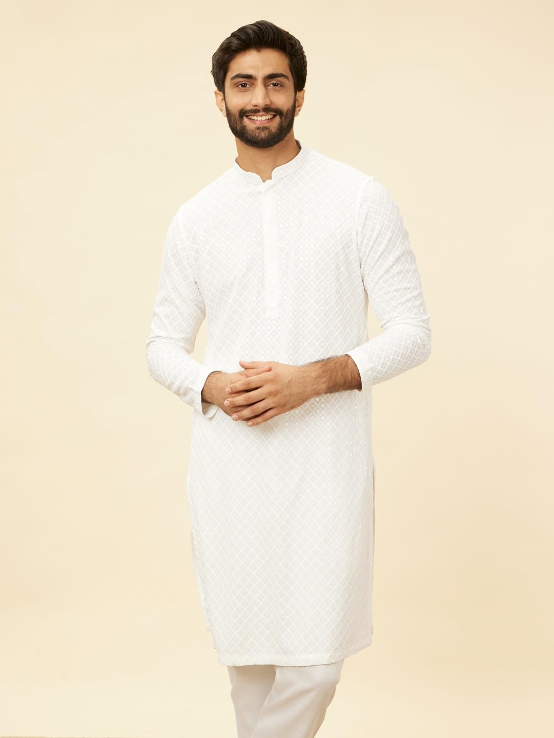 Manyavar Mens White Viscose Embroidered Kurta Pyjama Set