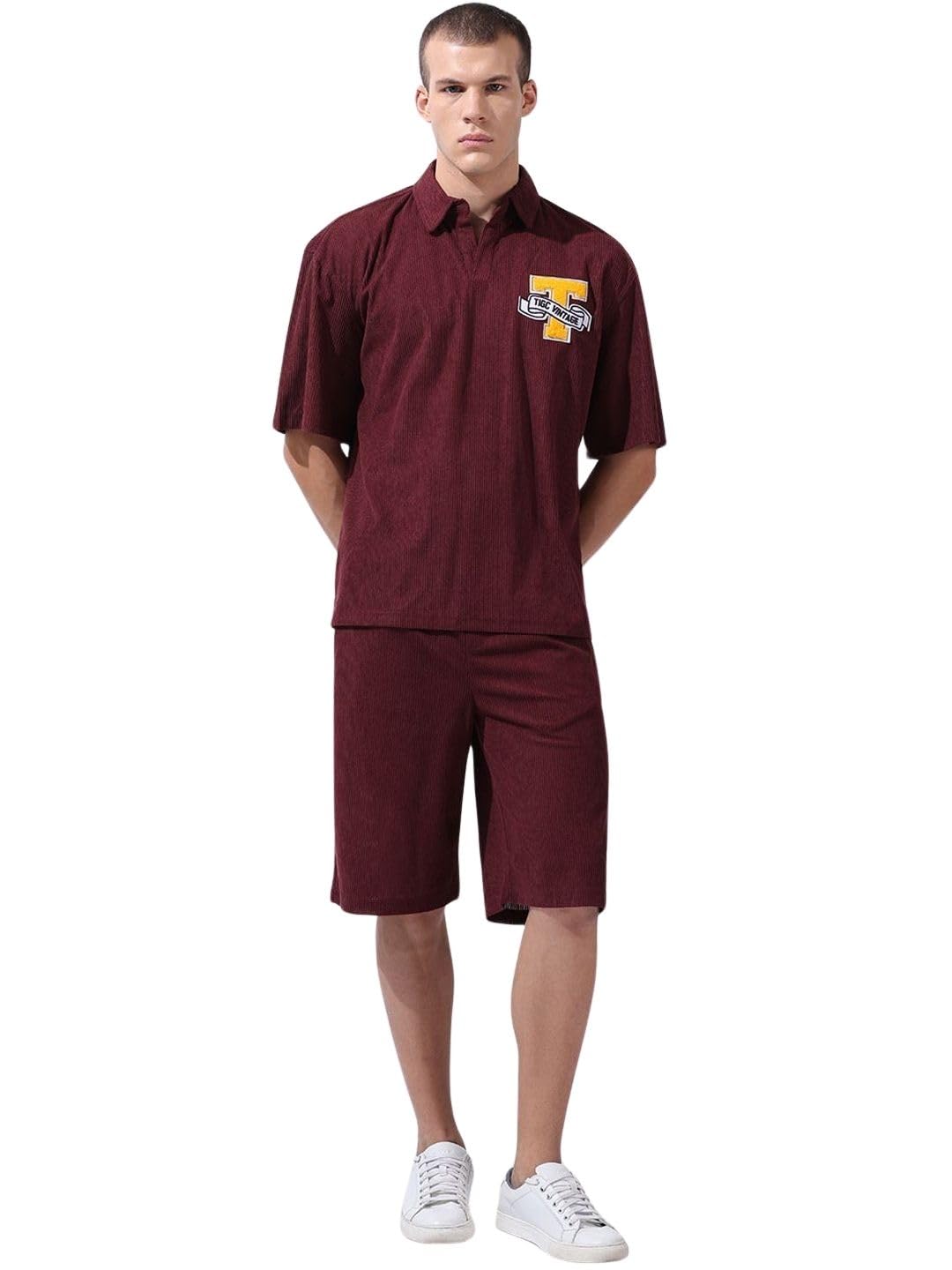 The Indian Garage Co Mens Relaxed Fit Badges Half Sleeves Johnny Collar & Set Co-ords Set