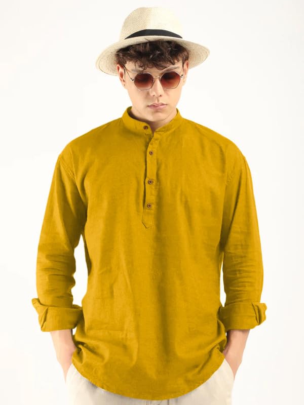 Macsivo MenS Cotton Polyester Blend Solid Regular Fit Full Sleeve Short Kurta Gold