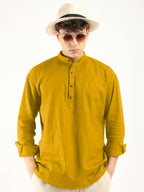 Macsivo MenS Cotton Polyester Blend Solid Regular Fit Full Sleeve Short Kurta Gold