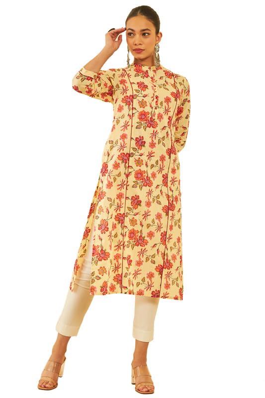 Soch Women Cotton Floral Printed Band Collar Kurta with Zari