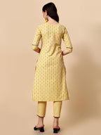 Nainvish Women'S Cotton Printed Straight Round Neck Kurta Pant With Dupatta (Sd477_Kbd_Yellow)
