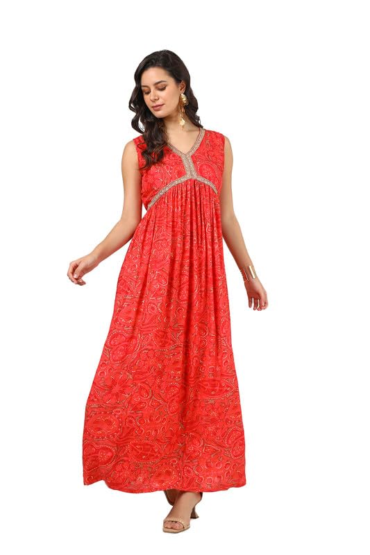 Soch Women Muslin Blend Foil Print Dress with Beads