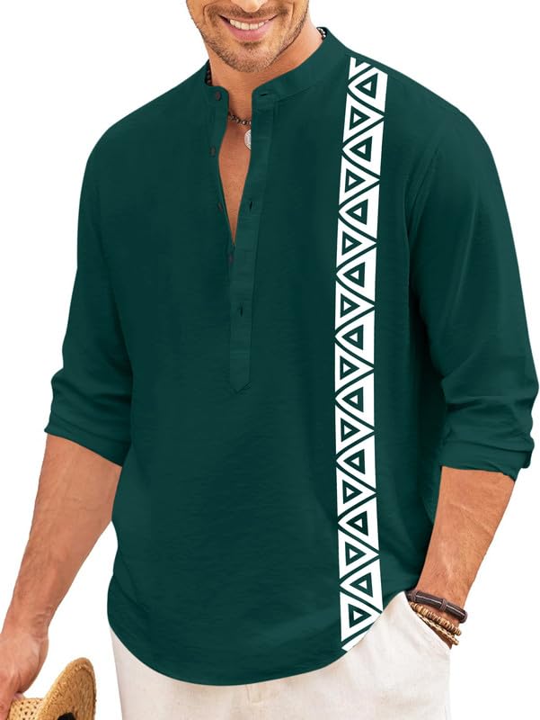 Finivo Fashion MenS Short Kurta With Printed Geometric Side Panel | Cotton Blend Full Sleeve Ethnic Topwear With Mandarin Collar