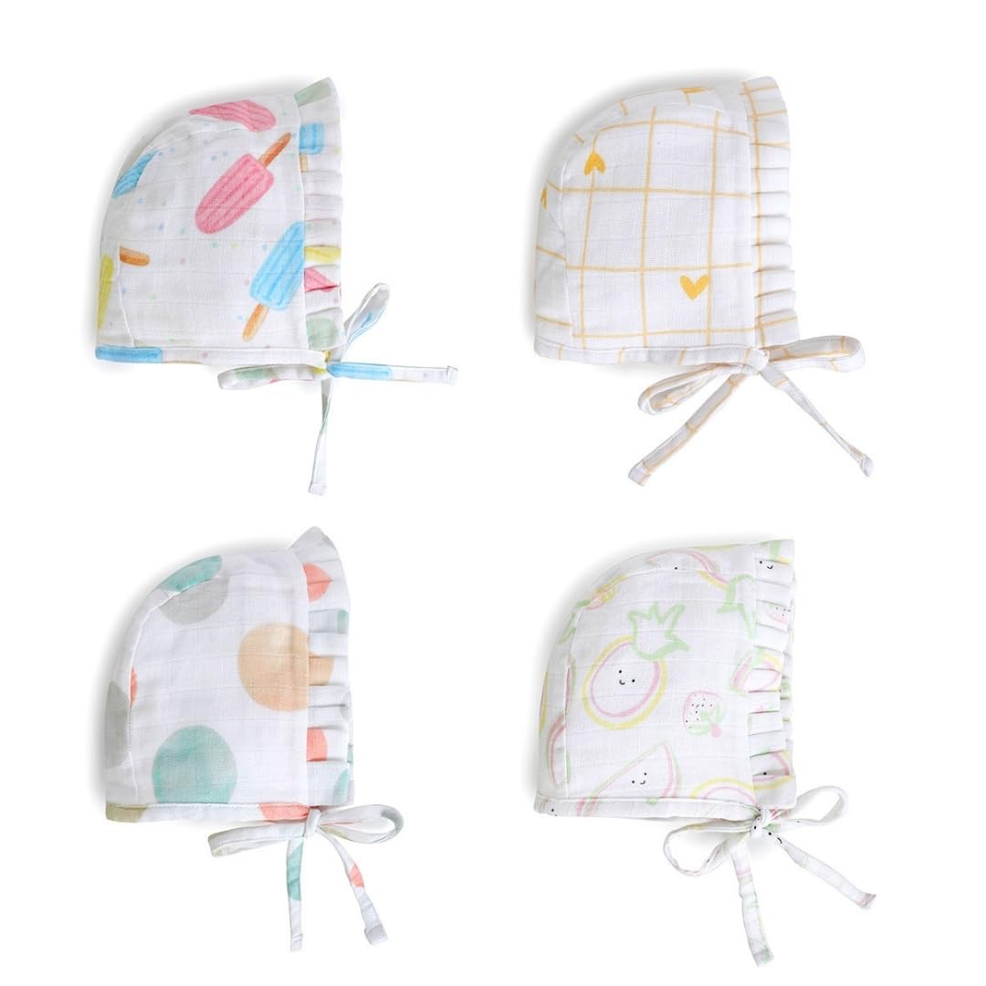 The Boo Boo Club 100% Muslin Organic Cotton Caps For New Born Baby | Mix Print And Colour | Pack Of 4 | NewBorn | Set36 Multico 0-3