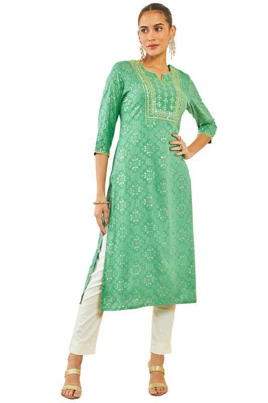 Soch Women Rayon Kurta with Geometric Print and Ethnic Embroidery