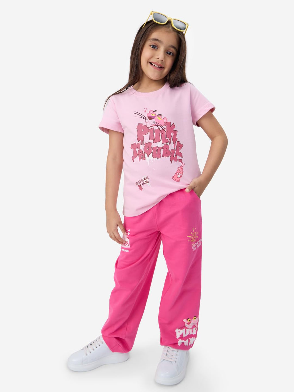 The Souled Store Official Pink Panther: Pink Trouble Girls Pink Graphic Printed Regular Fit Cotton T-Shirts