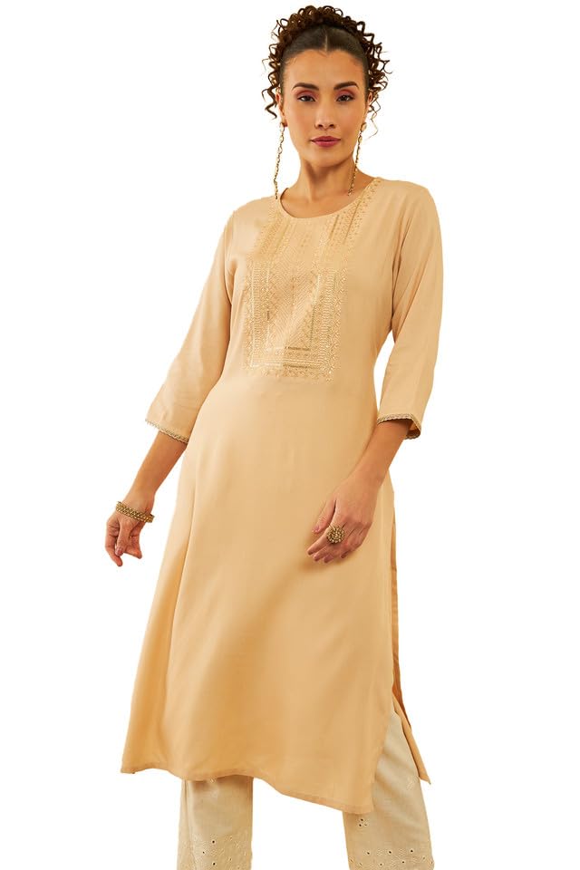 Soch Womens Earth Rayon Yoke Design Straight Kurta With Sequins