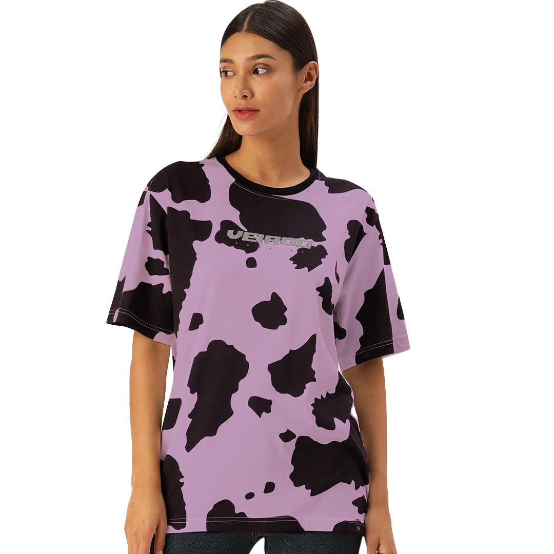 Veirdo Women's Oversized Cotton Crew Neck T-Shirt with Animal Print