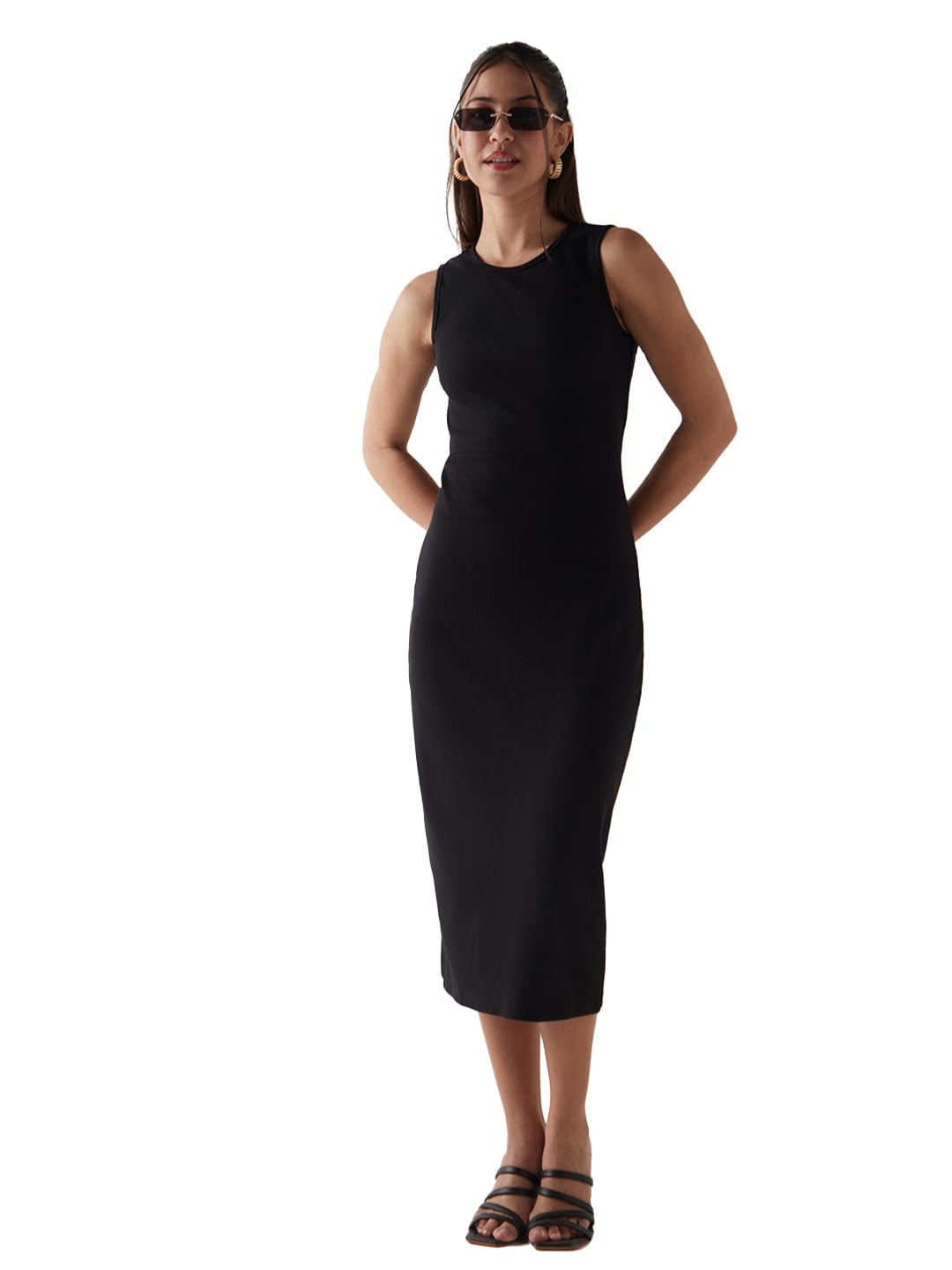 Bewakoof WomenS Solid Slim Fit Sleeveless Round Neck Cotton Blend Bodycon_644916_Black_M